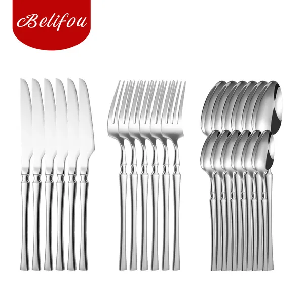 Belifou Kit 24 Jogo De Talheres Aço Inoxidável 416 Cintura Fina Prata