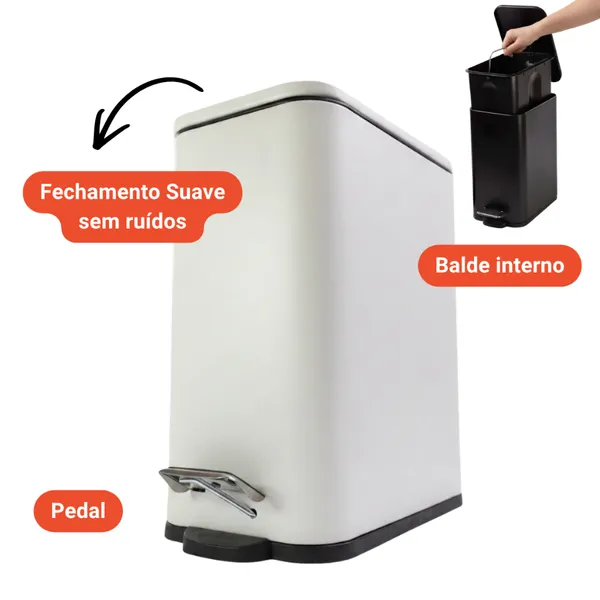 Lixeira 5L com Pedal Tampa Fechamento Silencioso Slim Premium Preta/Branca Compacta Cozinha Banheiro