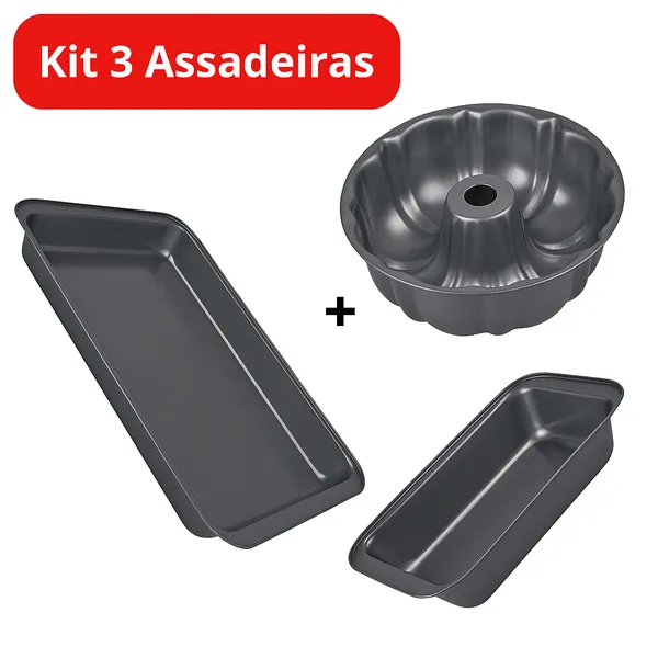 Kit 3 Assadeiras Antiaderente Pão Bolo Pudim Tortas