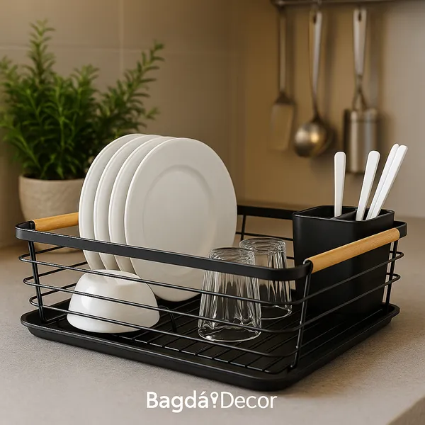 Escorredor de Louça Premium Preto com Bandeja Removível Porta Talheres Aço Inox e Bambu