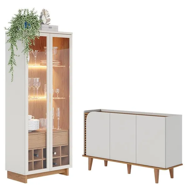 Cristaleira Guanabara Off White Freijó com Aparador Buffet Jurerê Off White Matte Freijó - Colibri