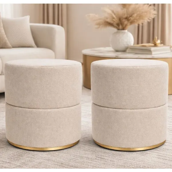 Conjunto 2 Puff Ana Decorativo Banquinho Cinta Dourada Retro