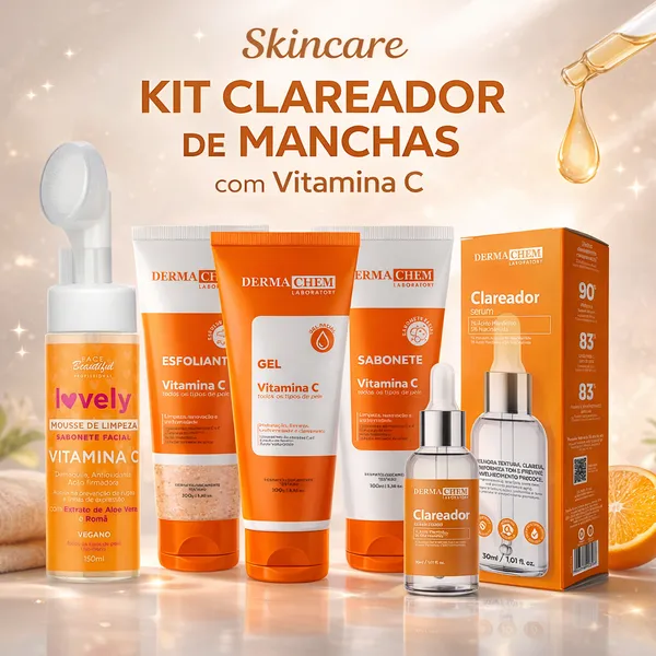 Skincare Vitamina C Dermachem serum clareador sabonete esfoliante mousse de limpeza