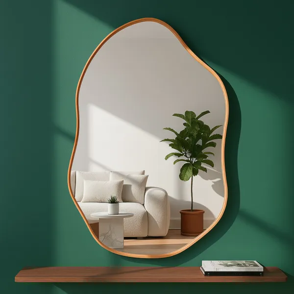 Espelho Orgânico 60x40 Couro Caramelo + Suporte Metálico decoração Sala Penteadeira Quarto Banheiro