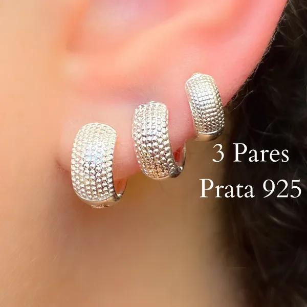 Trio Brincos Prata 925 Argolas Feminina Craquelada Fecho Click Joia Texturizada Delicada Direto de Fábrica 3 Pares