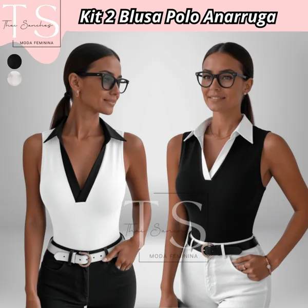 KIT 2 ou 1 BLUSA Feminina Polo Regata Bicolor Canelada Moda Social Básica Casual Estilosa Roupa Moda Feminina