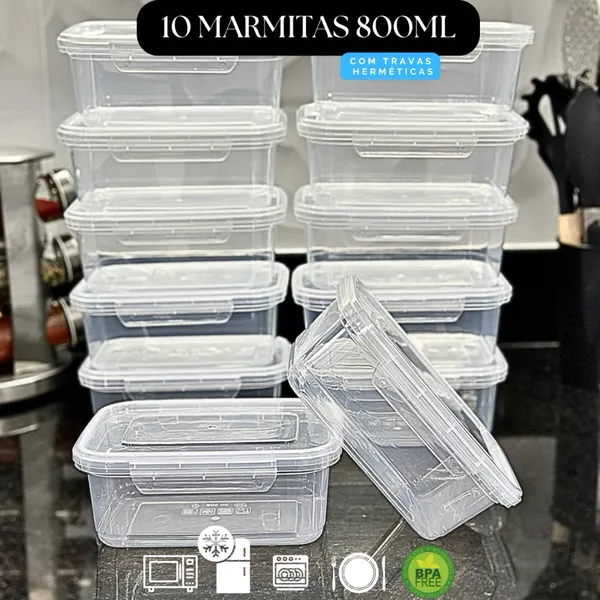 Kit 10 Marmita Potes 800ml com Travas Laterais BPA FREE - Alimentos organizadores de congelador