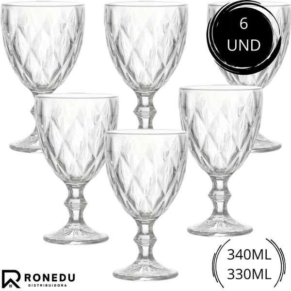 Kit 4,6,12 Taças Diamante Vidro Transparente Resistente Gourmet Para Bebidas e Sobremesa 340/330ML