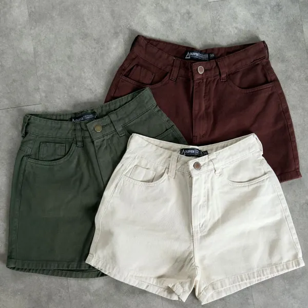 Kit 3 Short Jeans Feminino cos alto Short Jeans Cintura Alta Brim colorido Bermuda MOM 100% Algodao marmorado