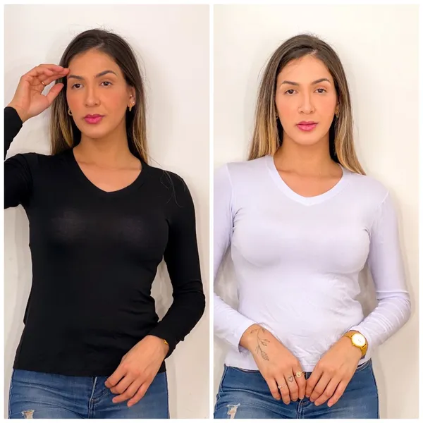 Kit 2 Blusas Feminina Manga Longa Gola V