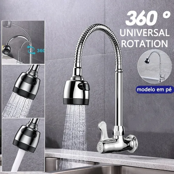 Torneira Gourmet Inox cozinha parede Chuveirinho para 360°pia de cozinha flexível Com 2 modos de pulverização de água