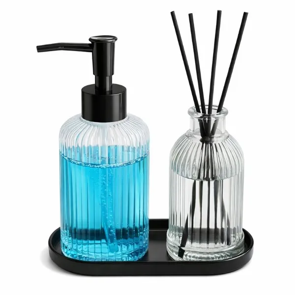 Kit Banheiro Lavabo Vidro Canelado com Bandeja Plástico Porta Sabonete e Escova Organizador Pia Premium Luxo