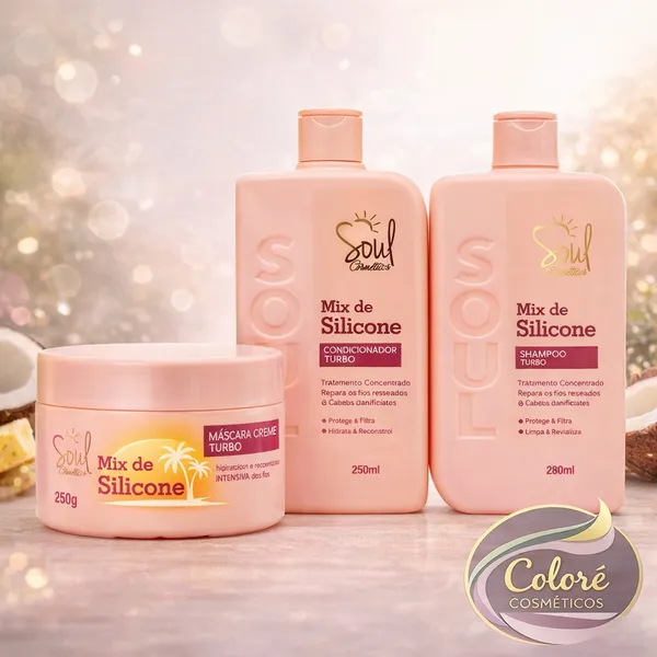 Kit Capilar Mix Silicone Soul Turbo 3 Itens  Shampoo Condicionador Máscara Capilar Brilho Tratamento