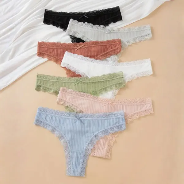 Kit 7 Calcinhas de Algodão Fio Dental Feminina Canelada com Renda e Laço