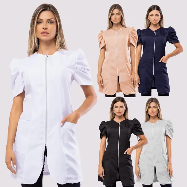 Jaleco Feminino Acinturado Zíper Manga Curta Em Oxford Lun