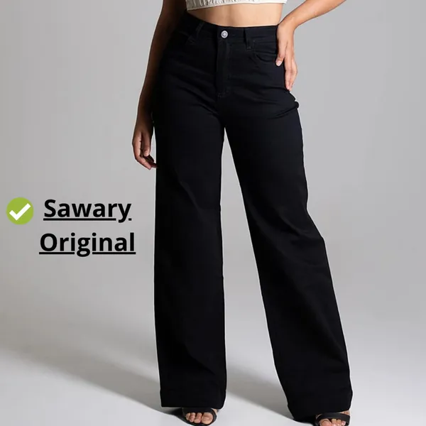 Calça Jeans Feminina Sawary Jeans Wide Leg preto premium confortável