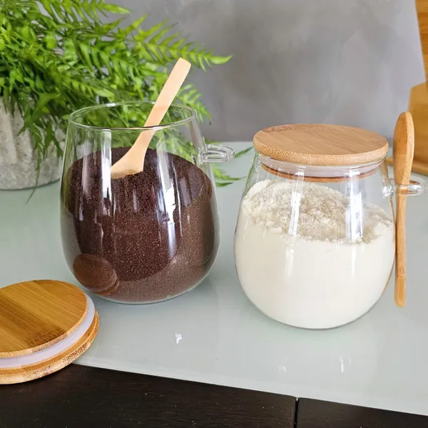 Kit 02 Pote De Vidro Oval 230ml 410ml 690m 1050ml Tampa Bambu Hermético Com Colher SEM ADESIVO MIMI