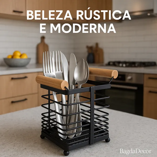 Porta Talheres de Ferro com Alça Bambu - Design Moderno, Resistente, Compacto e Pronto Entrega