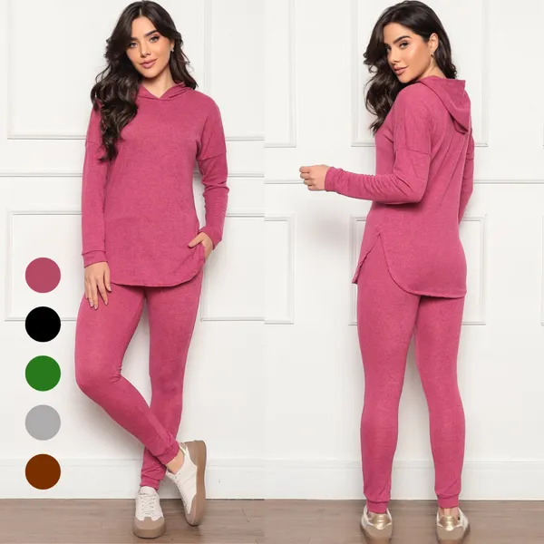 Conjunto Lãzinha Feminino Inverno  Calça e Blusa com Capuz Lanzinha Frio Quentinho Abrigo 2 peças
