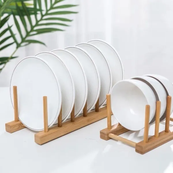 Suporte Escorredor Porta Pratos De Bancada De Bambu 6 Divisorias 21cm x 13cm