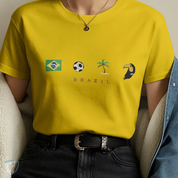 Camiseta Unissex Brasil Ícones Estampa Minimalista com Símbolos Brasileiros