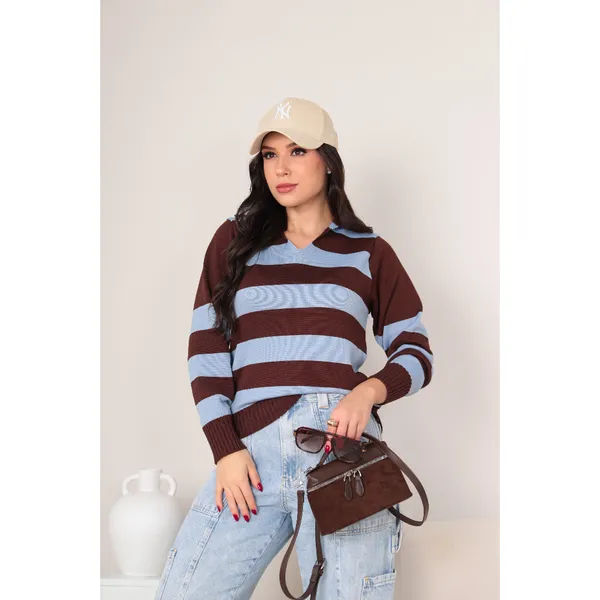 Blusa Feminina Listrada Gola Polo Tricot Modal Premium Estilosa Manga Longa Tendencia Outono Inverno 2026.