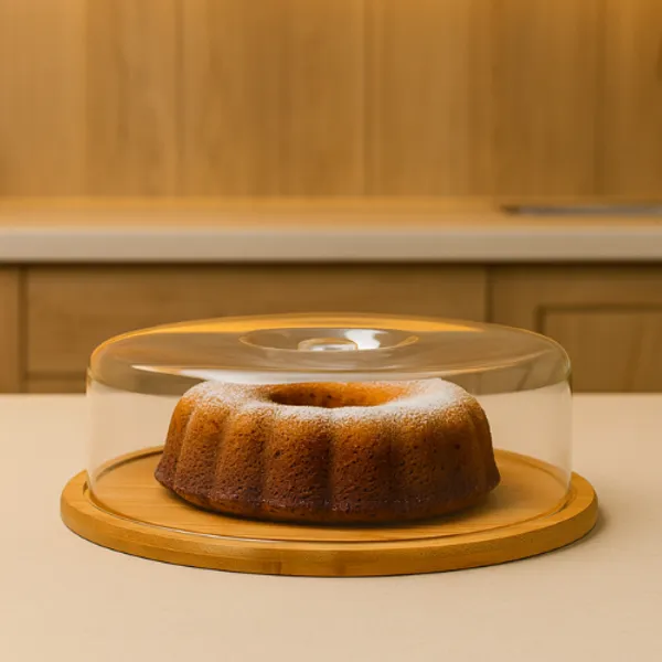 Boleira Bambu com Cúpula Acrílica Porta Bolo Torta Pudim Queijo Decoração Decor Mesa Posta