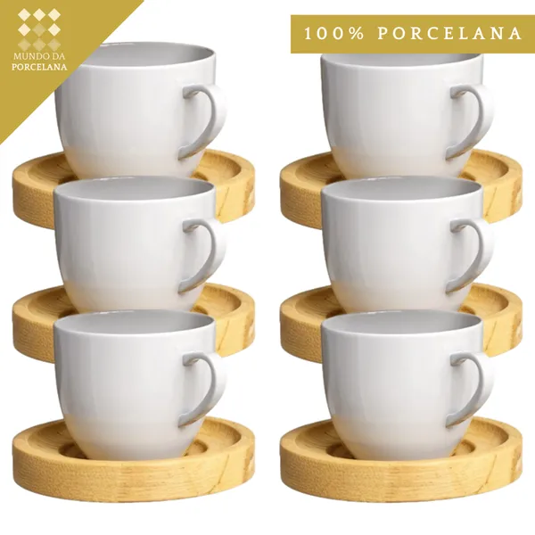 Jogo 6 Xicaras Porcelana Kit Caneca Café Chá ​Com Pires Madeira 12 Peças