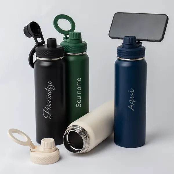 Garrafa Térmica 850 ml Inox personalizada com seu nome Tripé Magnético para Celular com Alça