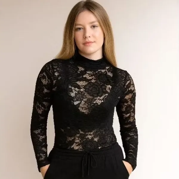 Body de Renda Gola Alta Manga Longa Feminino