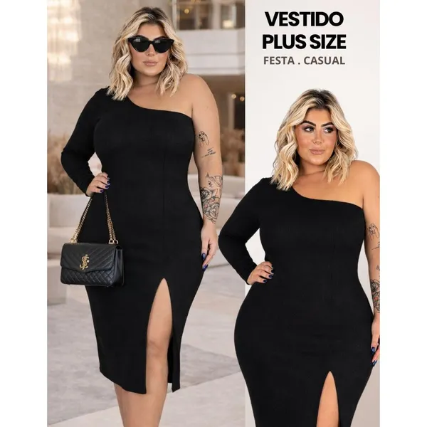 Vestido Plus Size Midi Manga Longa Tubinho com Fenda (veste até G4)