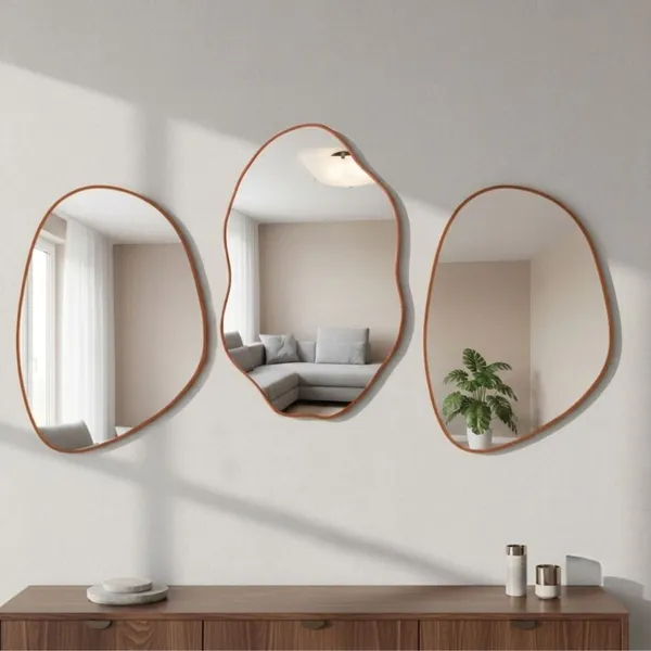 Kit Combo Espelhos Decorativos We Mirror - Com Moldura em Couro Caramelo P/ Sala Banheiro Hall