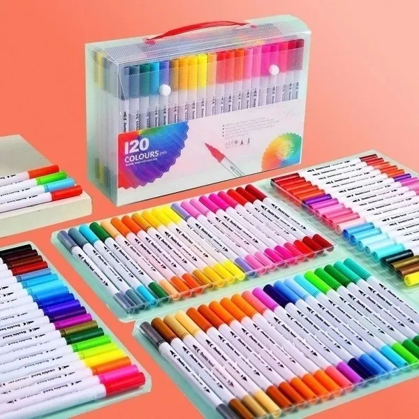 Kit 24-120Cores Caneta 2 em 1 Brush Lettering e Ponta Fina Dual Pen Canetinha Colorir Desenho