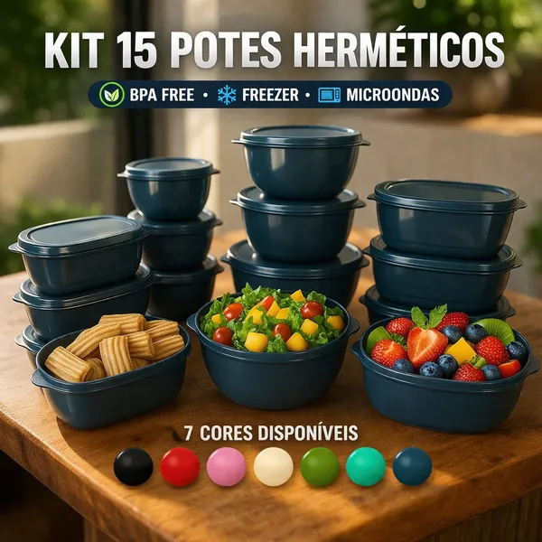 Kit 15 Potes Herméticos Plástico com Tampa