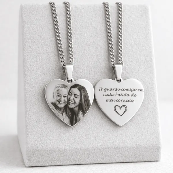 Colar Personalizado Pingente Coração Aço Inox Presente Família