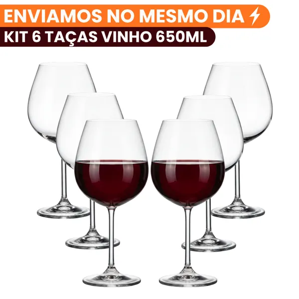 Kit 6 Taças De Vinho Vidro 650ml Cristal Titânio Gastro Transparente Bordeaux Modelo Bohemia