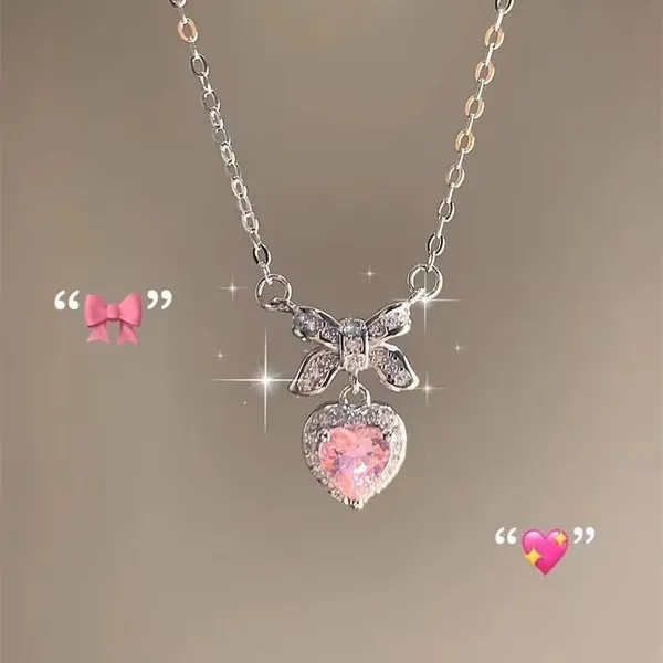 Colar De Laço Rosa Fofo Com Corrente Delicada De Zircônia De Coração Para Meninas Joias Escolares Da Moda