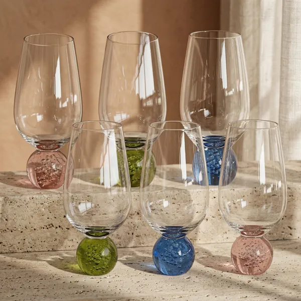 Jogo 6 Copos Base Esfera Colorida 550ml Mix Azul Verde Rosa Copo Bolha Instagramável Mesa Posta