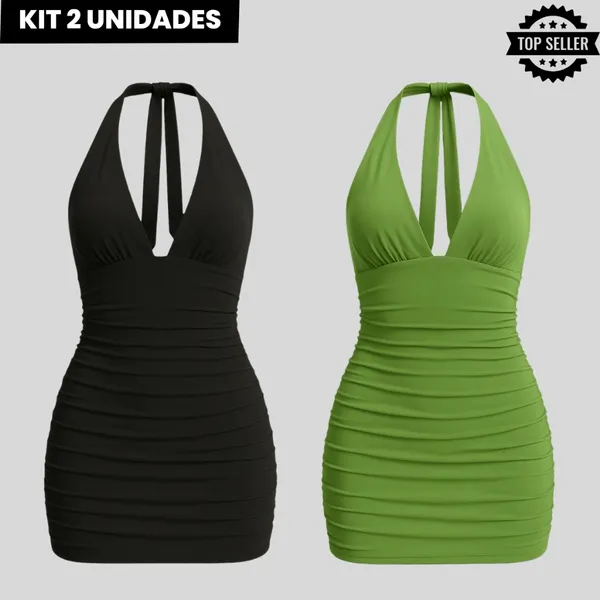 Kit 2 Vestidos Feminino Curto Frente Única | Costas Nua com Amarração