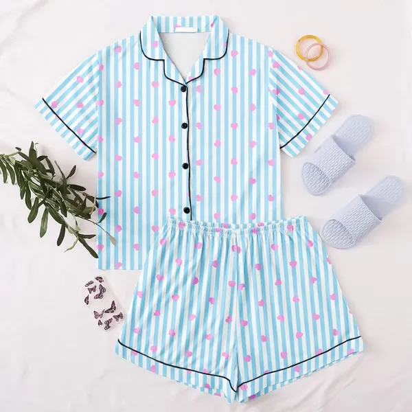 Pijama de Botão Americano Feminino Blogueira Estiloso Temático Meia Manga Short Doll Fofo
