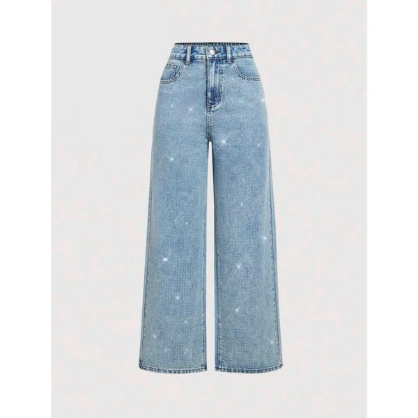 Calça Jeans Feminina Pantalona Wide Leg Com Bolsa Cintuta Alta Com Glitter