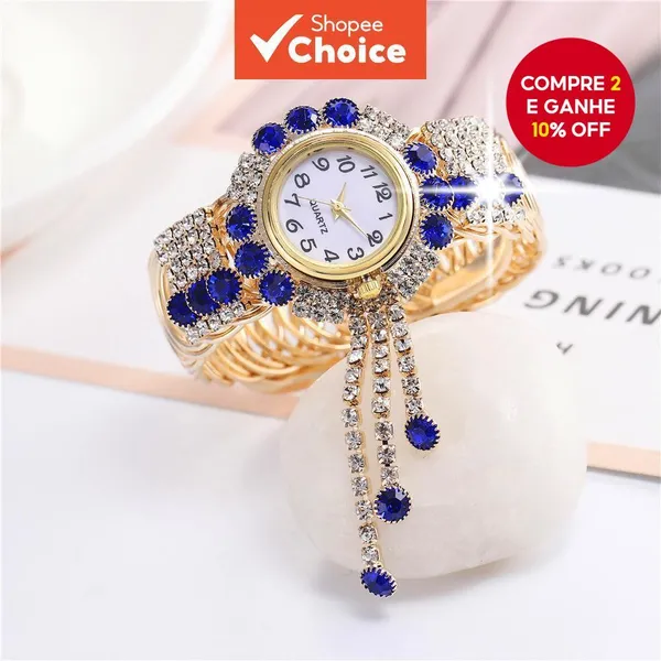 Relógio Com Pulseira De Cristal Ajustável Para Mulheres , Quartzo E Combinação De