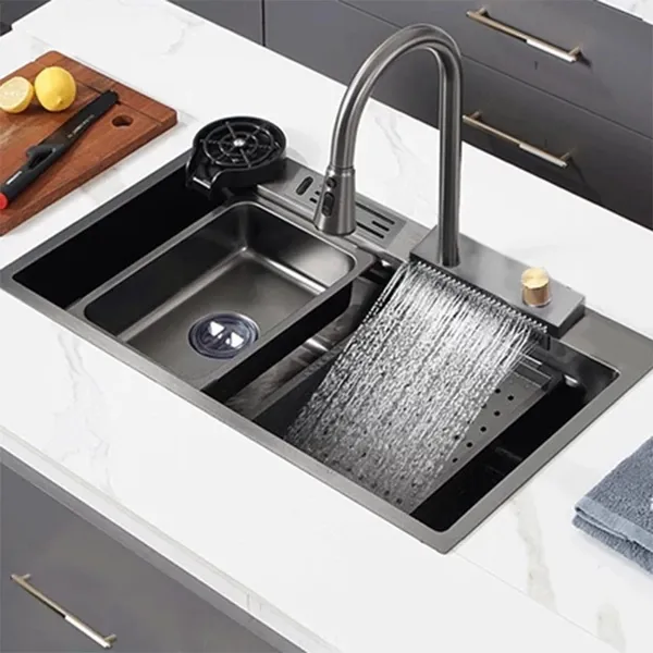 Kit Cuba Cozinha Gourmet Aço Inox C/ Torneira Flexível Preto.