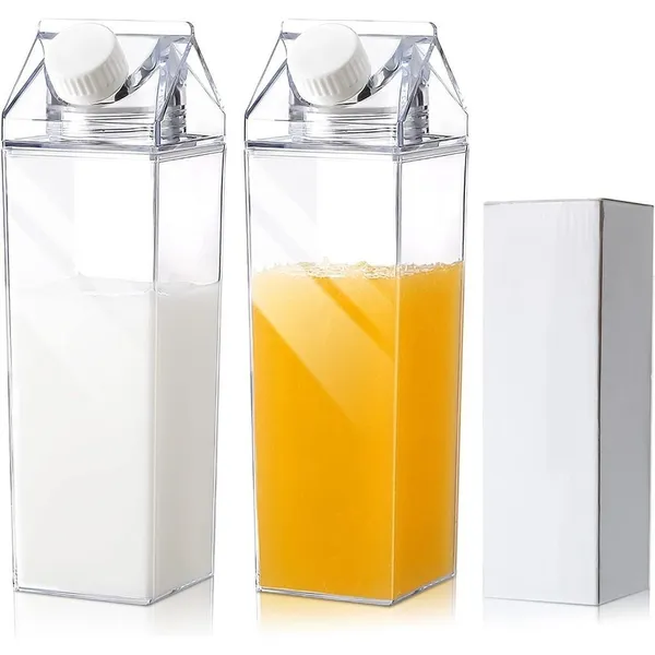 Kit 2 Garrafas Acrílico com Adesivo 1 Litro Caixa Leite Água Suco Geladeira