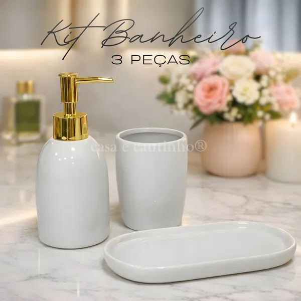 Kit 3 Peças de Banheiro Dispenser Porta Sabonete Liquido escova de Dente com bandeja