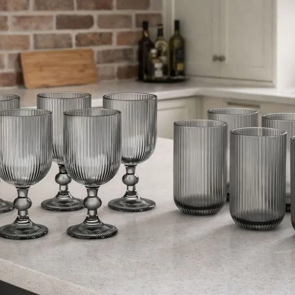Conjunto 12 Peças Copo + Taça de Vidro Canelado Grande Copo 400ml Mesa Posta Vidro Canelado Duhome