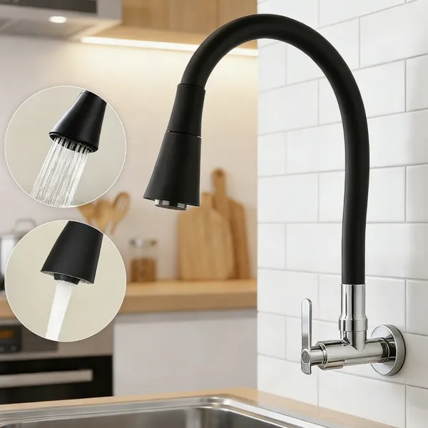 Torneira De Cozinha Flexível De Alça Única-Giratória Montada Na Parede Para Água Fria Design Moderno Fácil Instalação-So
