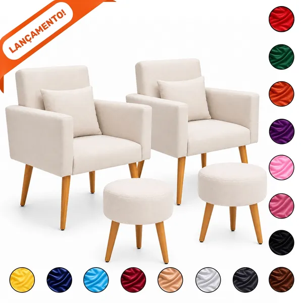 Kit 02 Poltronas Decorativas para Sala Nina com Almofadas e 02 Puff Redondo Suede Aninha Decor