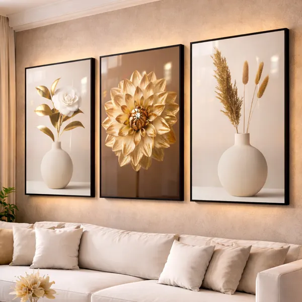 Quadro Decorativos Trio Moderno Exclusivo Flores Rosa Branco Dourado para Sala Hall