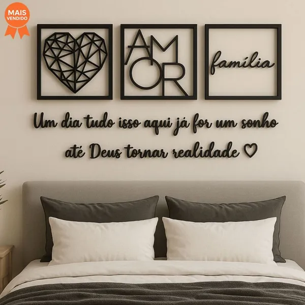 Kit 3 Quadros Cabeceira Família Coração Geométrico Amor + Frase de Parede Variados Sala + 2 Mini aplique coração